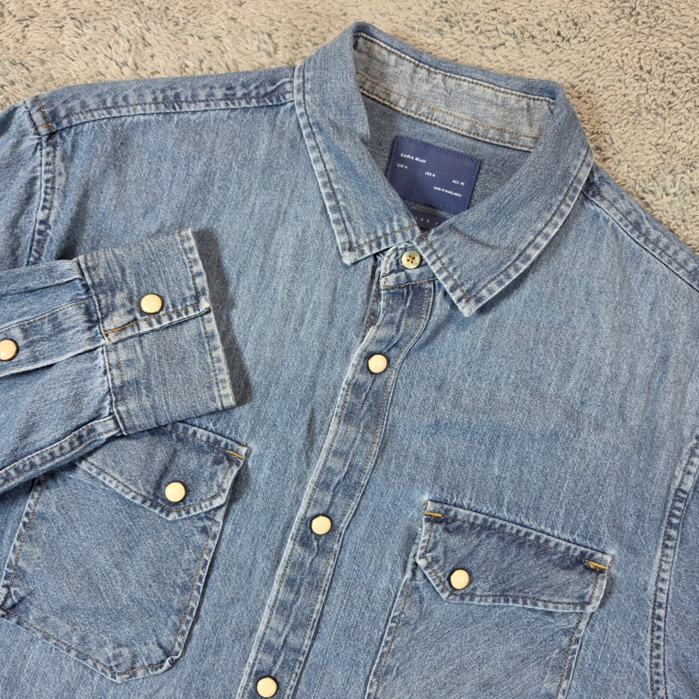 Zara Man Denim Western Shirt Mens Medium Blue Regular Fit Pearl Snap Workwear